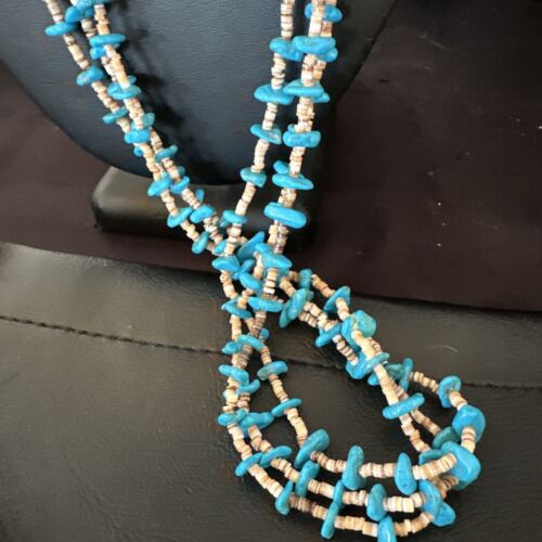 Navajo Blue Kingman Turquoise Shell Heishi Necklace | Sterling Silver | 30" | Authentic Native American Handmade | 16070