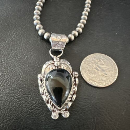 Navajo Pearls Black Onyx Necklace Pendant | Sterling Silver | Authentic Native American Handmade | 16528