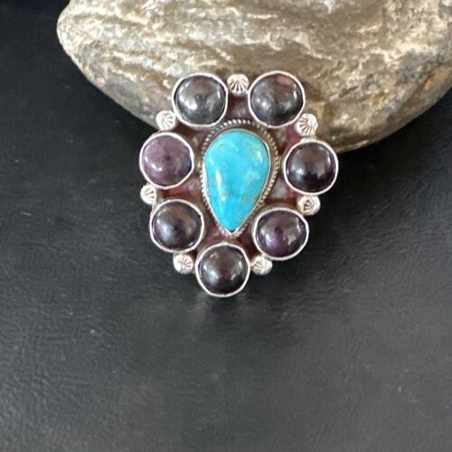 Navajo Cluster Blue Kingman Turquoise Sugilite Ring | Authentic Native American Sterling Silver | Multi-Stone | Sz 7 | 16772