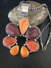 Navajo Purple Red Spiny Oyster Necklace with Naja Pendant | Sterling Silver | Native American Handmade | 14845