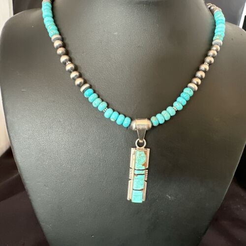 Turquoise #8 Inlay Pendant Necklace | Navajo Sterling Silver | Authentic Native American Handmade | 17057