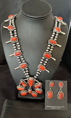 Navajo Red Coral Naja Pendant | Sterling Silver Squash Blossom Necklace & Earrings | 17047