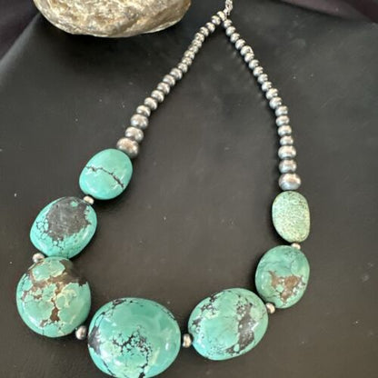 Navajo Blue Turquoise Chunky Pearls Necklace | Sterling Silver | 20" | Authentic Native American Handmade | 17496