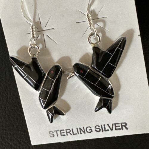 Navajo Black Onyx Hummingbird Earrings | Sterling Silver | 1" | Authentic Native American Handmade | 15090