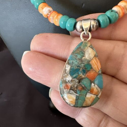 Navajo Spiny Turquoise Pendant Necklace | Sterling Silver | 22" | Authentic Native American Handmade | 17413