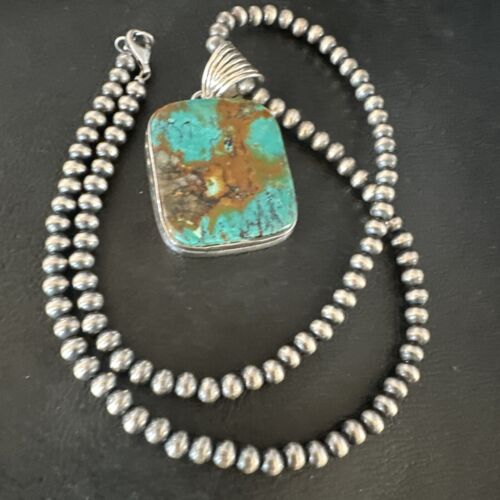 Navajo Blue Spiderweb Turquoise Pendant | Sterling Silver Necklace with Pearls | Authentic Native American Handmade | 15569