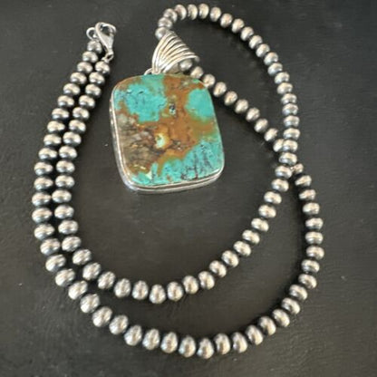 Navajo Blue Spiderweb Turquoise Pendant | Sterling Silver Necklace with Pearls | Authentic Native American Handmade | 15569