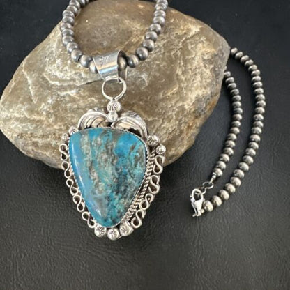 Navajo Kingman Turquoise Pendant Necklace | Sterling Silver Pearls | Authentic Native American Handmade | 15220 - Masha USA