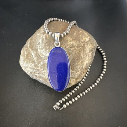 Navajo Blue Lapis Pendant with Pearls | Sterling Silver Necklace | 20" | Authentic Native American Handmade | 16666