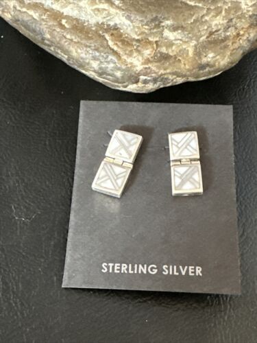 Navajo White Buffalo Turquoise Inlay Post Earrings | Sterling Silver | Authentic Native American Handmade | 15312