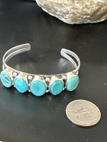 Women's Blue Turquoise 5-Stone Cuff Bracelet | Navajo Sterling Silver | Authentic Native American Jewelry | 16281