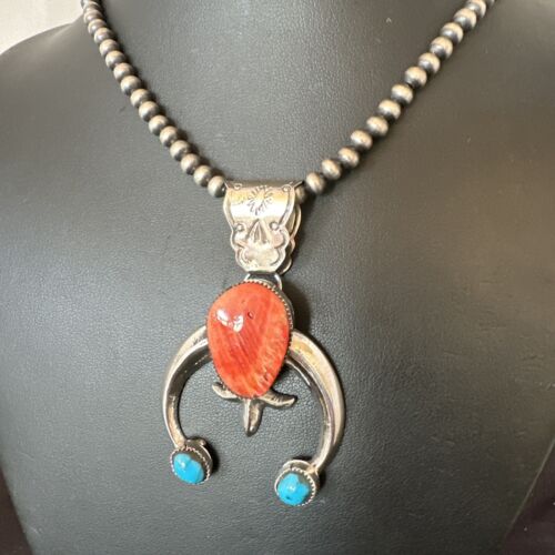 Navajo Blue Turquoise Red Spiny Oyster Naja Pendant | Sterling Silver | Authentic Native American Handmade | 16405