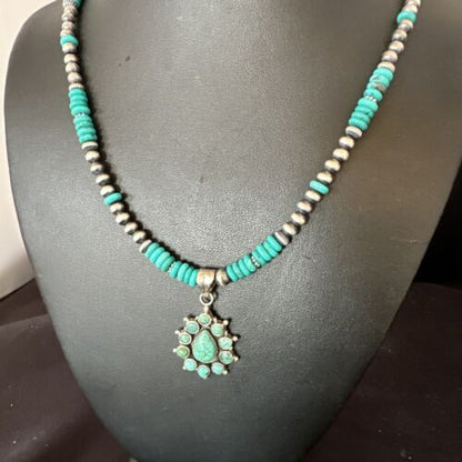Navajo Blue Turquoise Cluster Pendant Necklace | Sterling Silver | Native American Handmade | 15815
