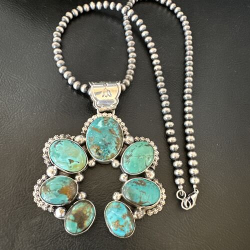 Men's Blue Turquoise Naja Pendant Necklace | Navajo Pearls | Sterling Silver | Native American Handmade | 16108