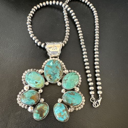 Men's Blue Turquoise Naja Pendant Necklace | Navajo Pearls | Sterling Silver | Native American Handmade | 16108