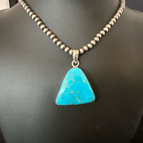 Blue Kingman Turquoise Pendant | Navajo Pearls | Sterling Silver Necklace 20" | 17009