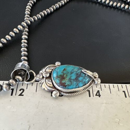 Navajo Blue Turquoise Pendant Necklace | Sterling Silver Pearls | Authentic Native American Handmade | 15647