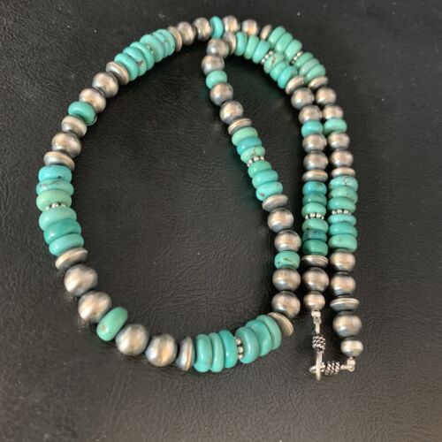 Navajo Pearls Blue Turquoise Necklace | Sterling Silver | Men's Women's | Authentic Native American Handmade | 20" | 13416