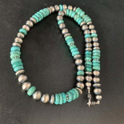 Navajo Pearls Blue Turquoise Necklace | Sterling Silver | Men's Women's | Authentic Native American Handmade | 20" | 13416