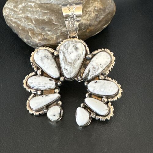 Navajo White Buffalo Turquoise Necklace Naja Pendant | Sterling Silver | Authentic Native American Handmade | 17040