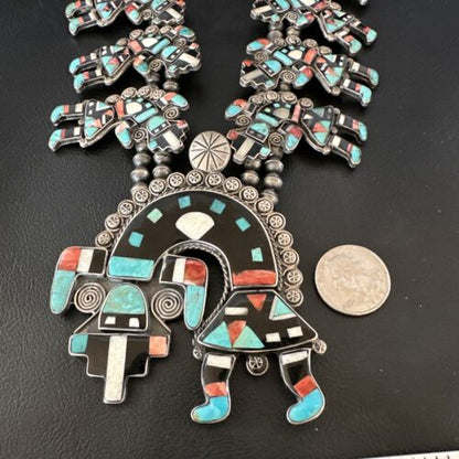 XXL Turquoise Onyx Kokopelli Inlay Squash Blossom Necklace | Sterling Silver | 16177 - Masha USA