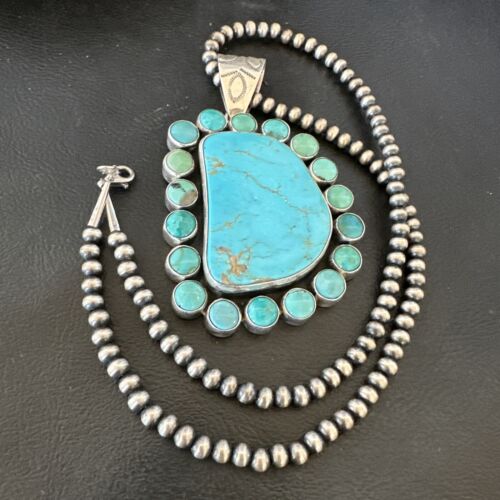 Navajo XL Blue Kingman Turquoise Cluster Pendant Necklace | Sterling Silver | Native American Handmade | 16796