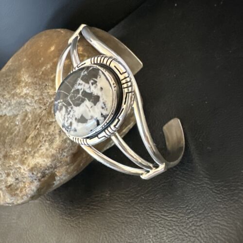 Navajo White Buffalo Turquoise Cuff Bracelet | Sterling Silver | Authentic Native American Handmade | 16251