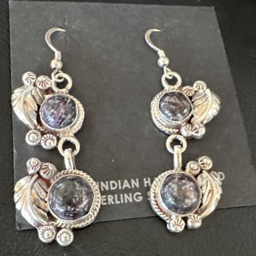 Navajo Purple Sugilite Dangle Earrings | Sterling Silver | 2" | Authentic Native American Handmade | 15693