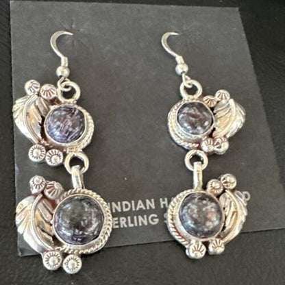 Navajo Purple Sugilite Dangle Earrings | Sterling Silver | 2" | Authentic Native American Handmade | 15693
