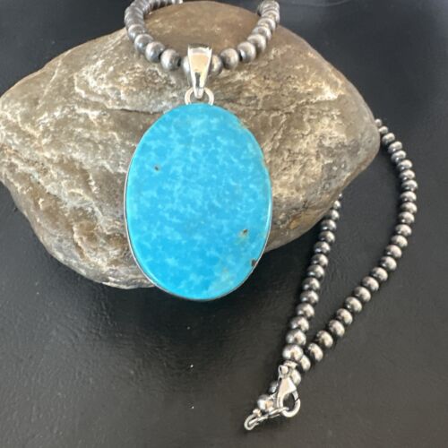 Blue Kingman Turquoise Pendant | Navajo Pearls | Sterling Silver Necklace 20" | 16689