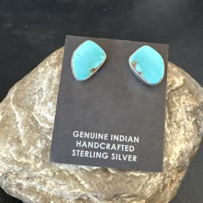 Navajo Blue Kingman Turquoise Post Stud Earrings | Sterling Silver | Authentic Native American Handmade | 17468