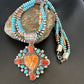 Navajo Turquoise Coral Spiny Heart Pendant | Sterling Silver 3-Strand Necklace | Authentic Native American Handmade | 16303