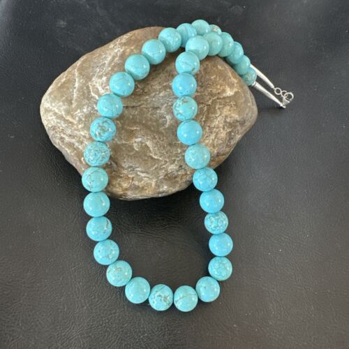 Navajo Blue Robin's Egg Turquoise Necklace | Sterling Silver | 18" | 10mm | Authentic Native American Handmade | 17348