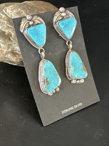 Kingman Turquoise Dangle Earrings | Navajo Handmade | Sterling Silver | Authentic Native American | 14877