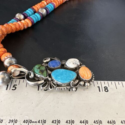 Navajo Blue Turquoise Spiny Oyster Pendant | Sterling Silver Bead Necklace | Multi-Stone | 15058