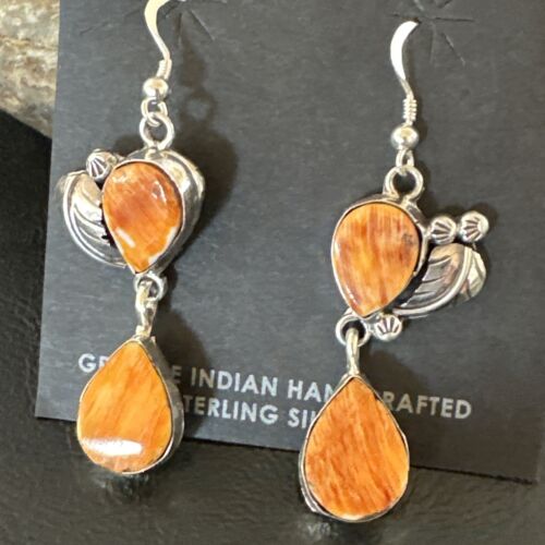 Navajo Orange Spiny Oyster Dangle Earrings | Sterling Silver | 1.5" | Authentic Native American Handmade | 16566