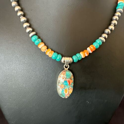 Navajo Spiny Turquoise Pendant Necklace | Sterling Silver | 22" | Authentic Native American Handmade | 17429