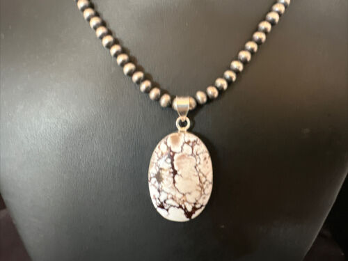 Navajo Wild Horse Turquoise Pendant Necklace | Sterling Silver Pearls | Authentic Native American Handmade | 15716
