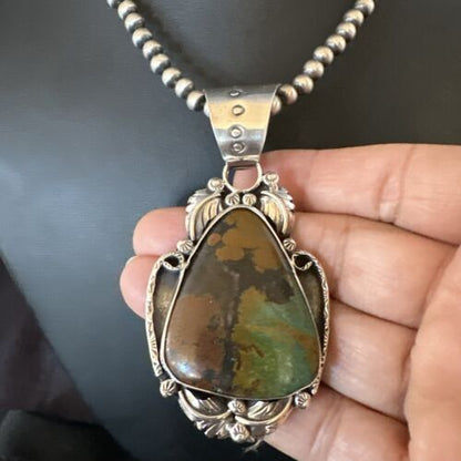 Men's Navajo Green Turquoise Pendant Necklace | Sterling Silver | Authentic Native American Handmade | 17532