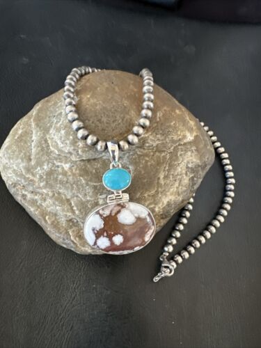 Wild Horse Sterling Silver Necklace | Blue Kingman Turquoise SW Pendant | Multi-Stone | 17306