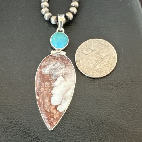Navajo Wild Horse Blue Kingman Turquoise Necklace | Sterling Silver | Authentic Native American Handmade | 17314