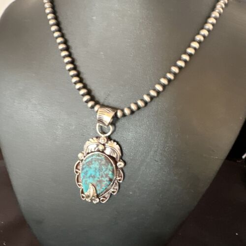 Navajo Blue Turquoise Pendant Necklace | Sterling Silver Pearls | Authentic Native American Handmade | 15643