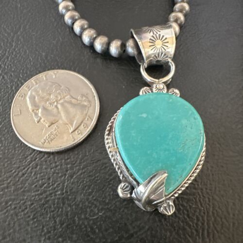 Women's Blue Turquoise Pendant Necklace | Navajo Pearls | Sterling Silver | Authentic Native American Handmade | 15658