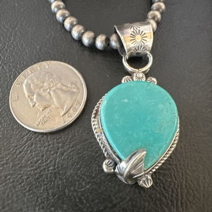 Women's Blue Turquoise Pendant Necklace | Navajo Pearls | Sterling Silver | Authentic Native American Handmade | 15658