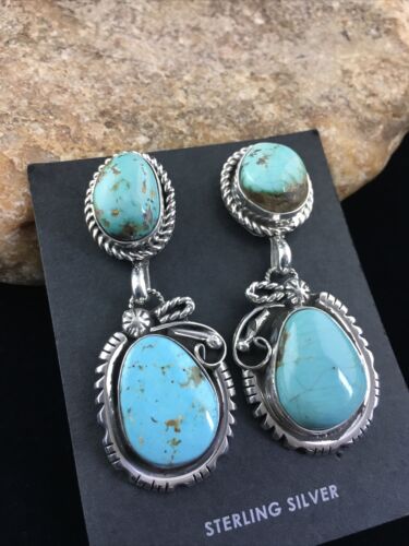 Navajo Kingman Turquoise Dangle Earrings | Sterling Silver | Authentic Native American Handmade | 1764