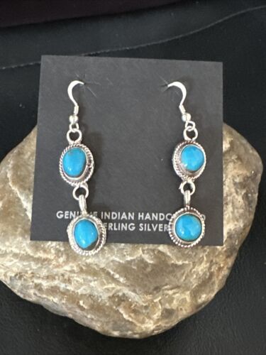 Kingman Turquoise Dangle Earrings | Navajo Sterling Silver | Authentic Native American Handmade | 14869