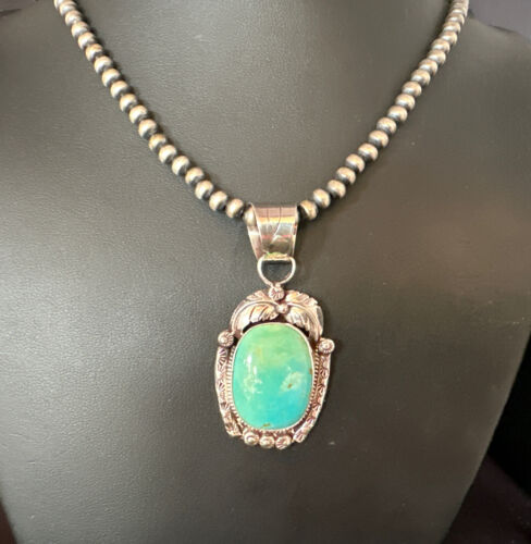 Navajo Pearls Blue Turquoise Necklace Pendant | Sterling Silver | Authentic Native American Handmade | 17390