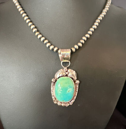 Navajo Pearls Blue Turquoise Necklace Pendant | Sterling Silver | Authentic Native American Handmade | 17390