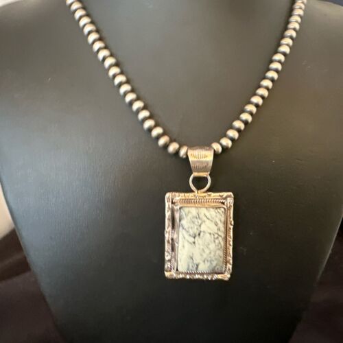 White Buffalo Turquoise Pendant | Navajo Pearls Sterling Silver Necklace | Authentic Native American Handmade | 17103