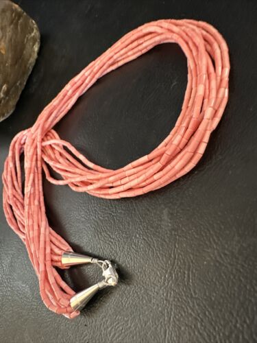 Pink Conch Tube Heishi Bead Necklace | 10 Strand Navajo Sterling Silver | 19" | 15086